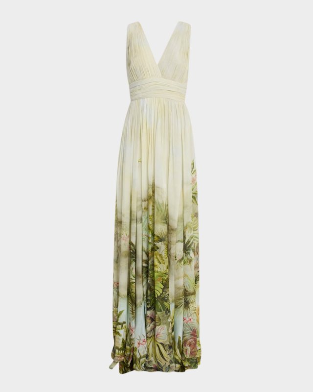 Printed Sleeveless Gown With Shawl